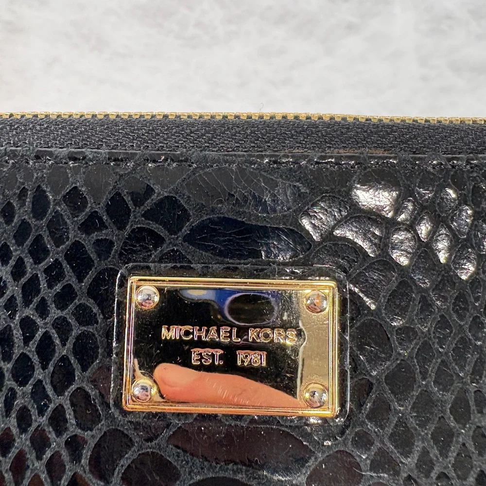 Michael Kors Black Snake-Embossed Wristlet with Gold Plate
